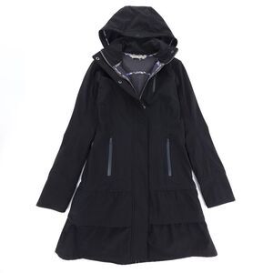 ATHLETA Shelter Cove Hooded Long Jacket Ruffled Rain Coat Gray Herringbone